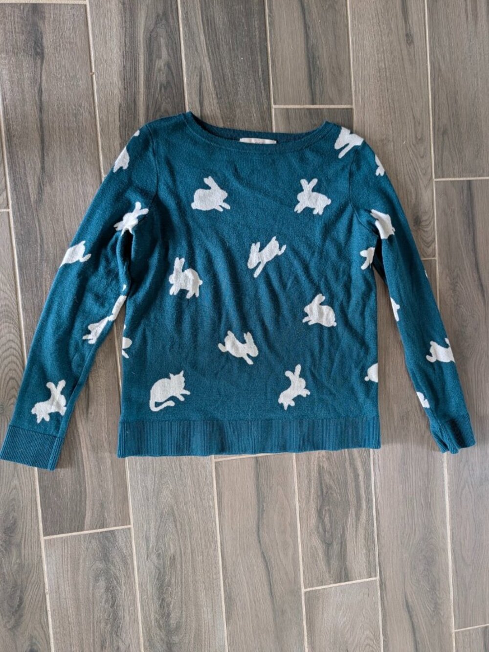 LOFT Bunny Print Sweater 🐰 Teal Crewneck Size M